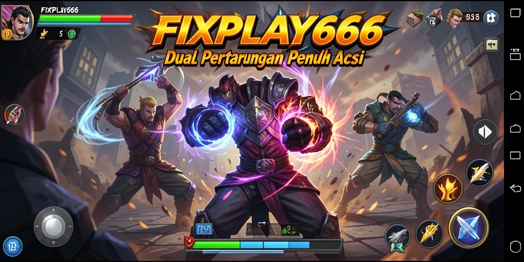 Tangkapan layar menunjukkan aksi seru dalam FIXPLAY666 dengan karakter yang bertarung.