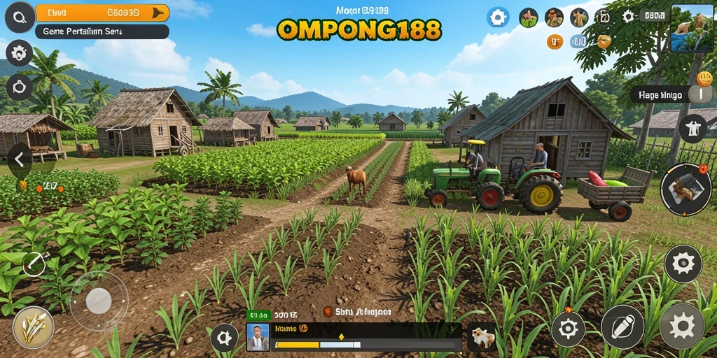 Tangkapan layar gameplay OMPONG188 yang menunjukkan suasana pertanian yang asri.