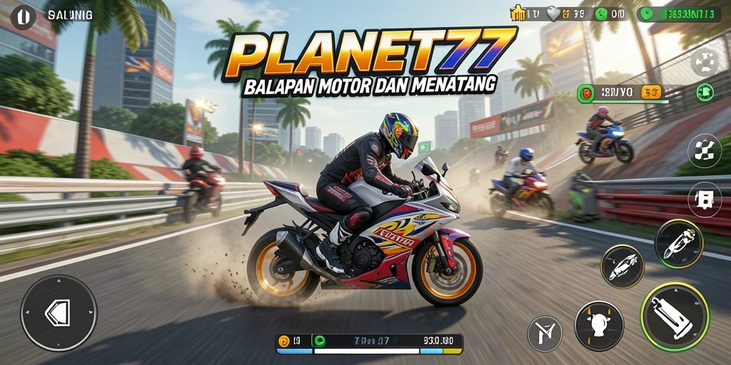 Tampilan gameplay yang seru dalam PLANET77 dengan motor balap yang keren.